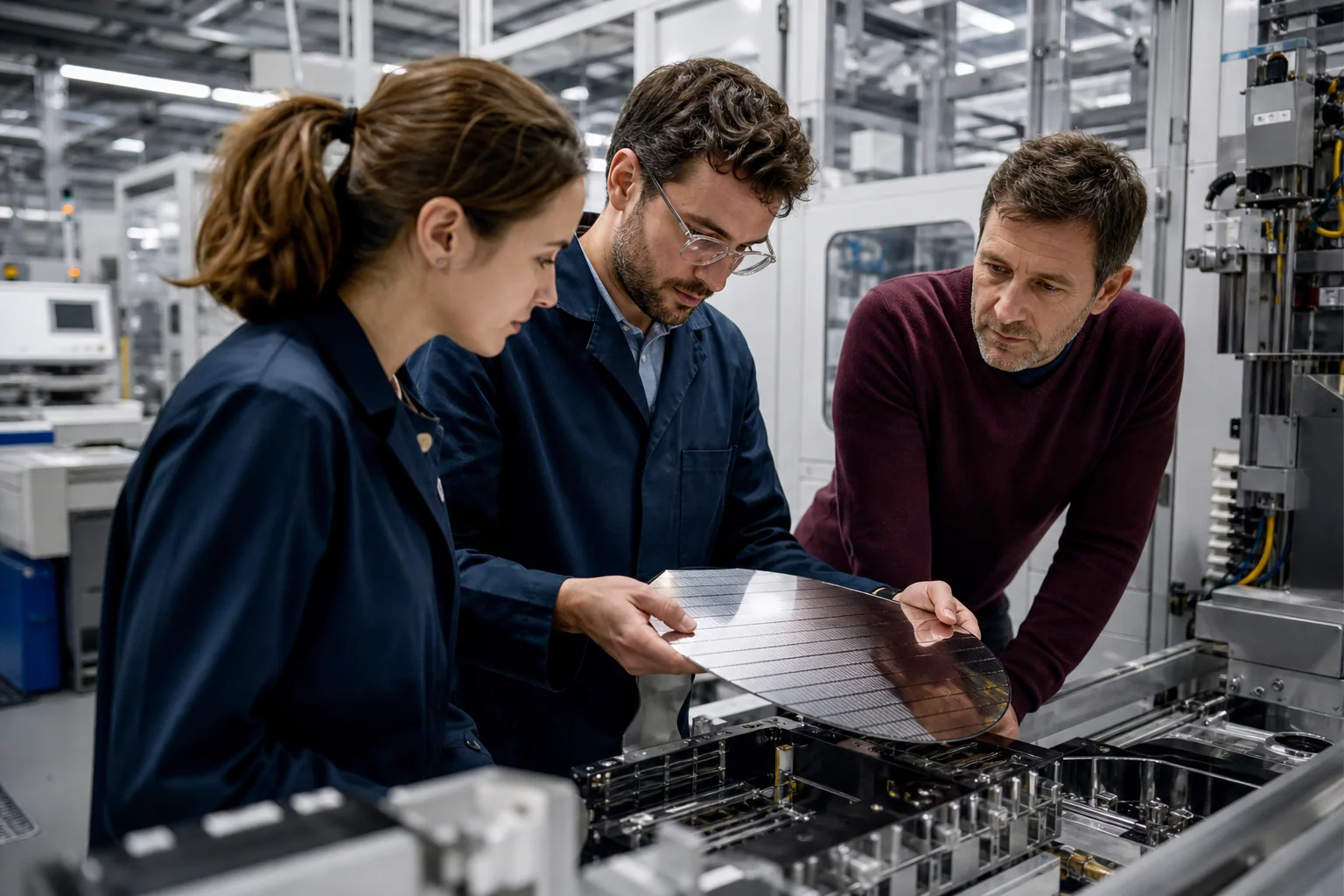 Ingenieure prüfen ein hochwertiges Bauteil in einer europäischen Präzisionsfertigung